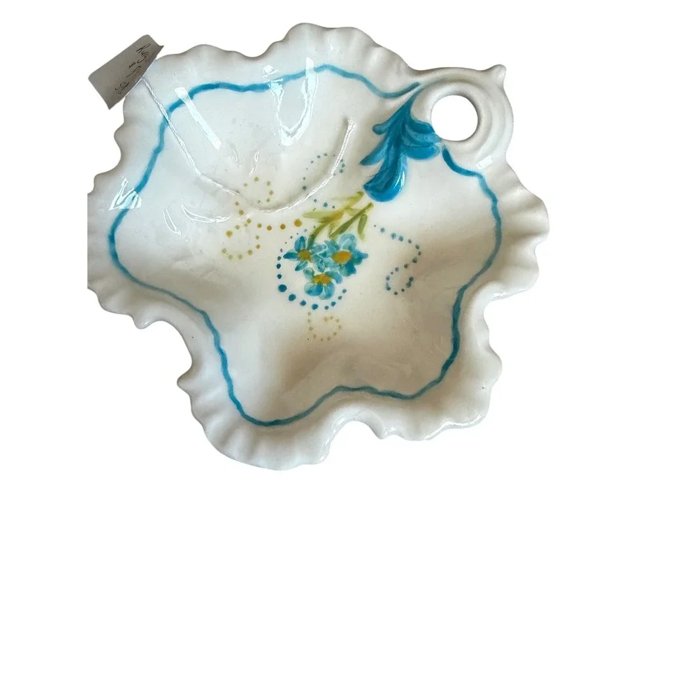 Vintage Ruffled Ceramic Trinket Dish Blue Floral Hand Painted Candy Bowl Handle